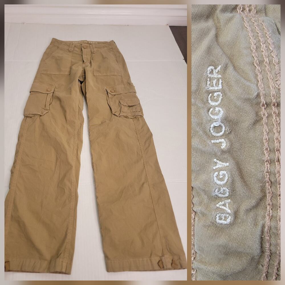 American Eagle Cargo Pants Sz 000 Straight Baggy Jogger Leg Tan Gorpcore Drapey